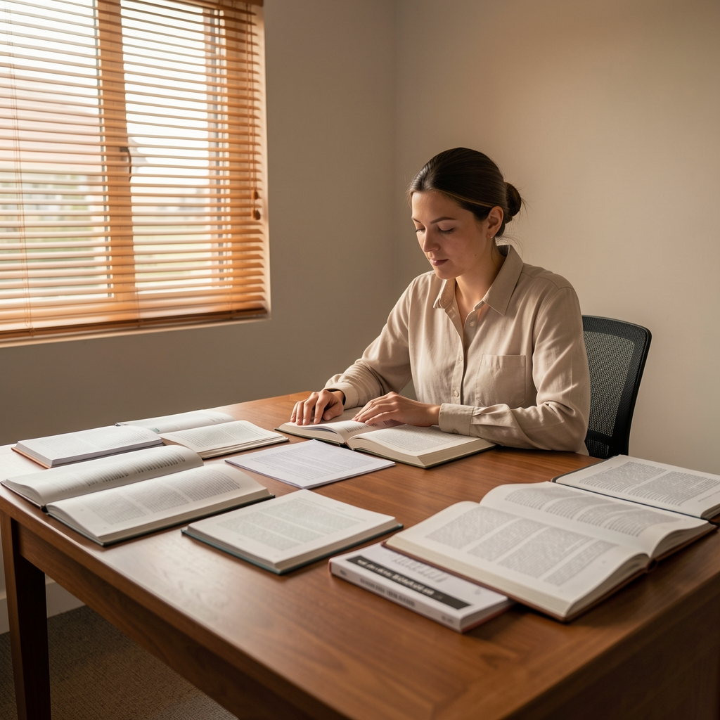 Researcher sitting at a wide wooden desk covered in open books and printed research papers in a quiet room with afternoon light through venetian blinds