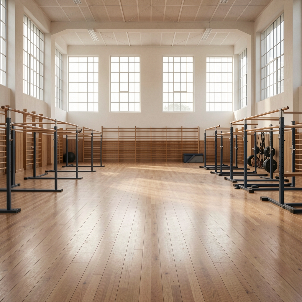 Empty gymnasium with wooden flooring and high windows letting in soft natural daylight, showing parallel bars and training equipment