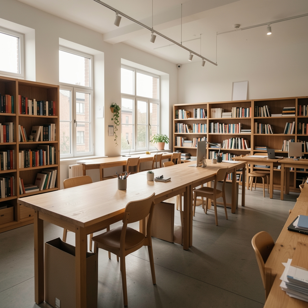 Wide view of a quiet, well-lit editorial workspace with long wooden desks, bookshelves along the wall, and tall windows with soft morning light