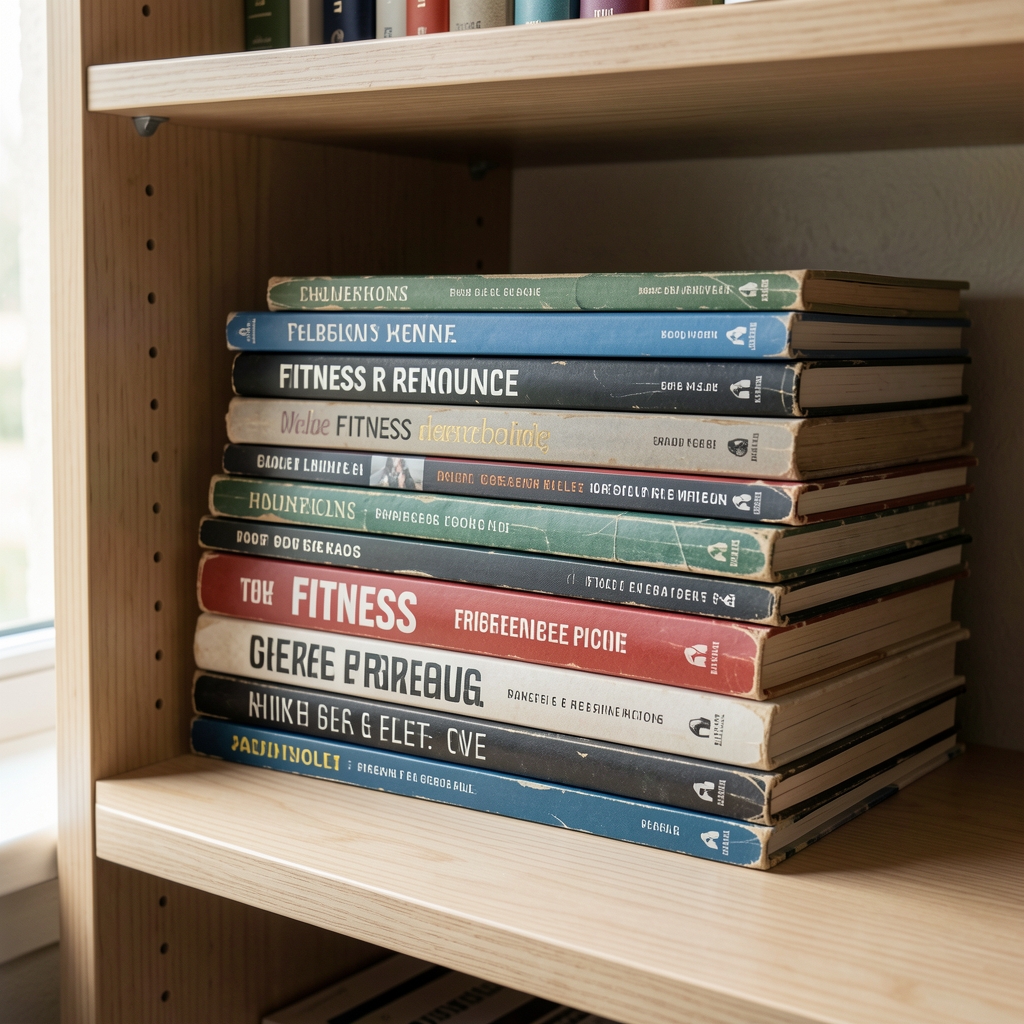 Stack of well-worn fitness reference books and journals on a light wooden shelf with natural daylight from a nearby window