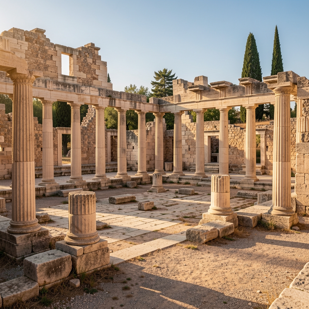 Stone ruins of an ancient Greek gymnasium with columns and open courtyard bathed in Mediterranean afternoon sunlight