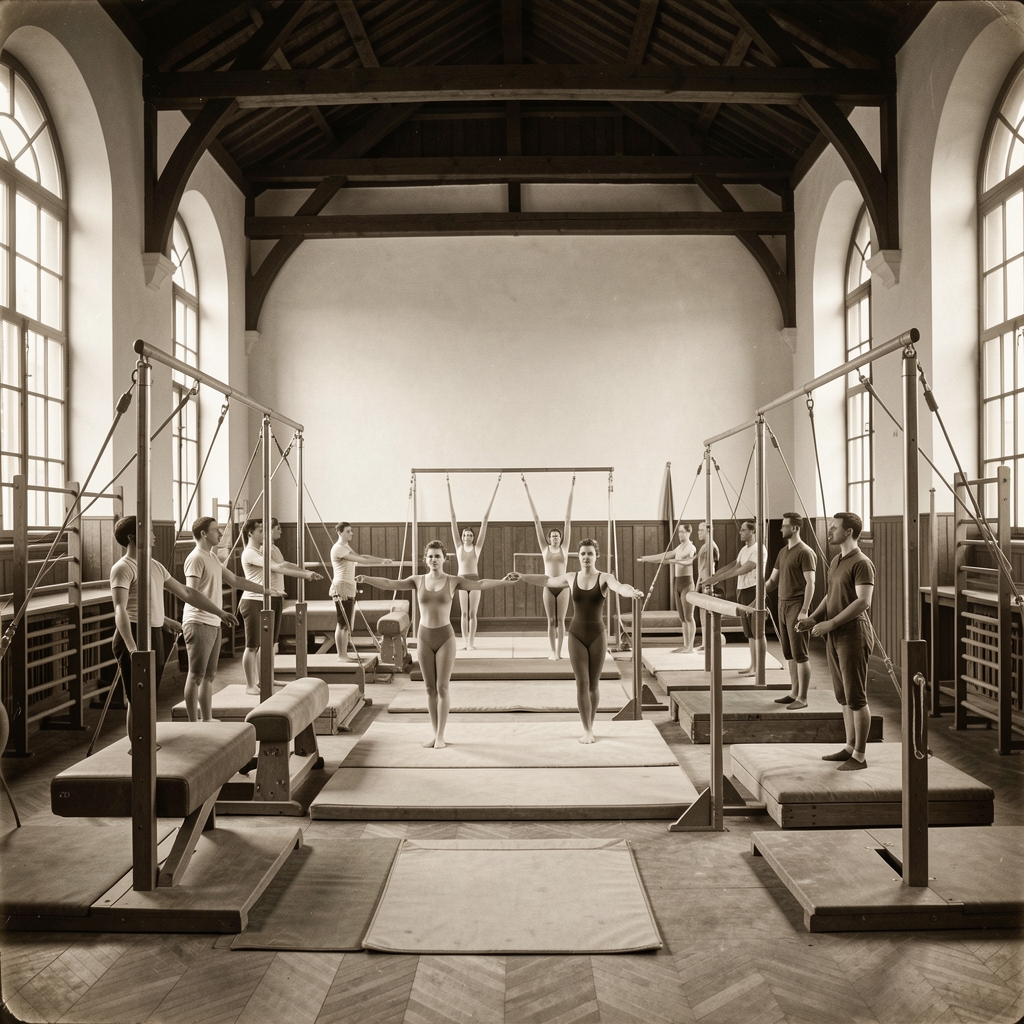 Vintage black and white photograph of early twentieth century gymnastics class in a high-ceilinged European school hall with wooden apparatus