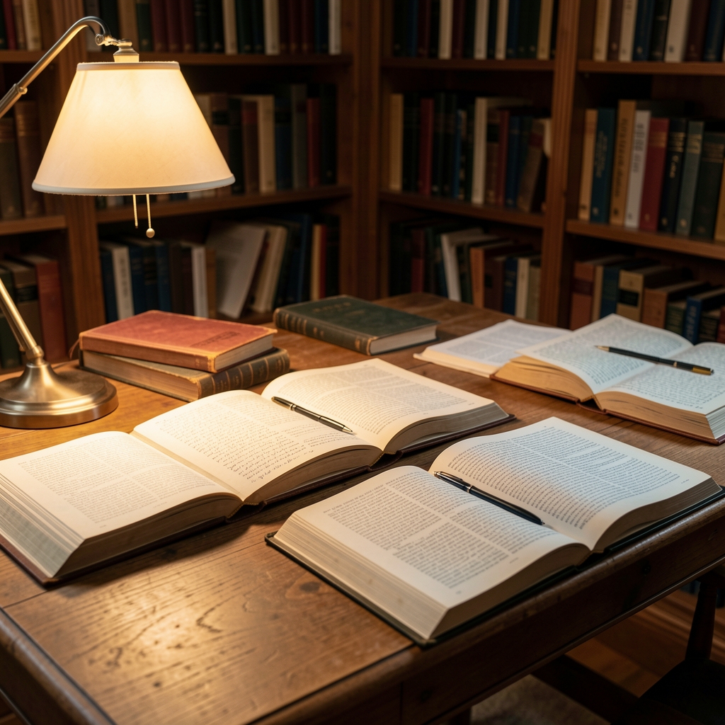 Open reference books and research notes spread across a wooden desk in a quiet study environment with warm lamp lighting