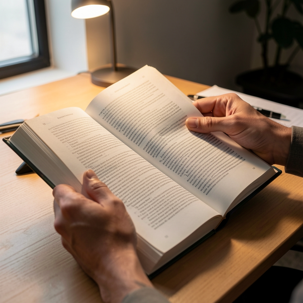 Close-up of hands turning pages of a thick reference textbook about human movement science under directional desk lighting